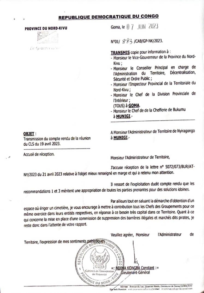 Lettre du Gouverneur du Nord-Kivu au sujet de la commission de suppression des barrières illégales suggérée par ASSODIP